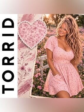 Torrid Pink Ditsy Floral Sweetheart Flutter Sleeve Mini Dress, 1X, NWT!